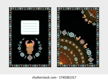 Notebook cover design. Children's notebook with Lama and Alpaca. Ornament of South America. Collection in the style of South America. Vector set