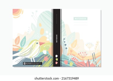 Notebook cover design with colorful landscape and bird. Vector template design perfect for notebooks, planners, brochures or catalogs.