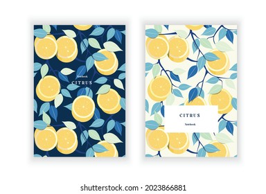 Notebook cover design with floral pattern. Cut lemons among leaves. Vector illustration.