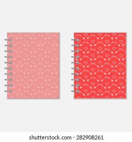 Notebook cover design with heart and arrows pattern. Love diary in pink and red colors