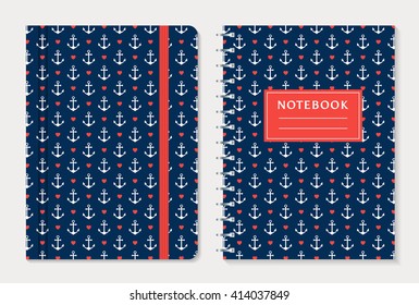 Notebook cover design. Notepad with elastic band and spiral notebook with anchors and hearts. Nautical style collection. Vector set.