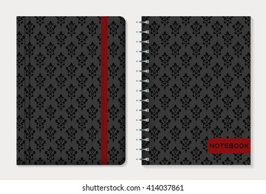 Notebook cover design. Notepad with elastic band and spiral notebook with black damask patterns. Vintage style collection. Vector set.