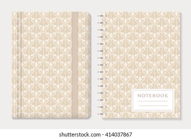 Notebook cover design. Notepad with elastic band and spiral notebook with beige damask patterns. Vintage style collection. Vector set.