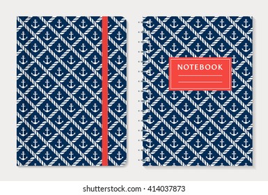 Notebook cover design. Notepad with elastic band and spiral notebook with anchors and rope. Nautical style collection. Vector set.