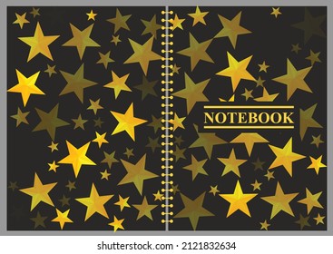 Notebook cover design. notepad spiral notebook with cute yellow stars on the black luxury background. vector illustration