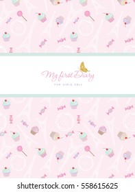 Notebook cover design on the theme of Paris. Teenage girl diary. Included seamless pattern with Eiffel tower, cupcakes and sweets on pastel pink. Vector illustration.