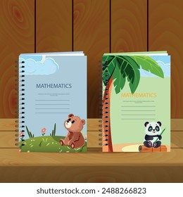 Notebook cover design. The notebook shows a panda on the sand near a palm tree. The second notebook depicts a bear on the grass looking at the clouds