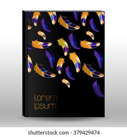 Notebook cover. Design template with abstract feather on black background.