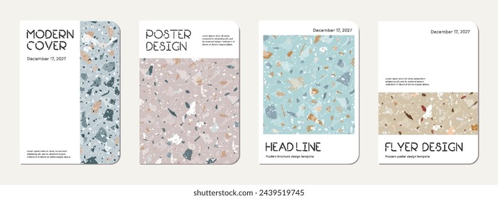 Notebook cover design. Terrazzo abstract background made of natural stones, granite, quartz and marble. Venetian terrazzo texture notebook cover template.