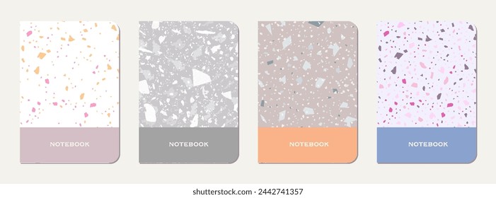 Notebook cover design. Terrazzo abstract background made of natural stones, granite, quartz and marble. Venetian terrazzo texture notebook cover template.