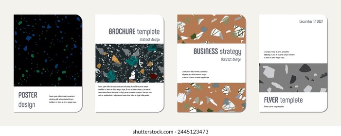 Notebook cover design. Terrazzo abstract background made of natural stones, granite, quartz and marble. Venetian terrazzo texture notebook cover template.