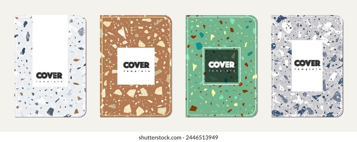 Notebook cover design. Terrazzo abstract background made of natural stones, granite, quartz and marble. Venetian terrazzo texture notebook cover template.