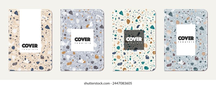 Notebook cover design. Terrazzo abstract background made of natural stones, granite, quartz and marble. Venetian terrazzo texture notebook cover template.