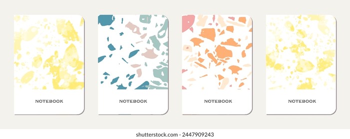 Notebook cover design. Terrazzo abstract background made of natural stones, granite, quartz and marble. Venetian terrazzo texture notebook cover template.