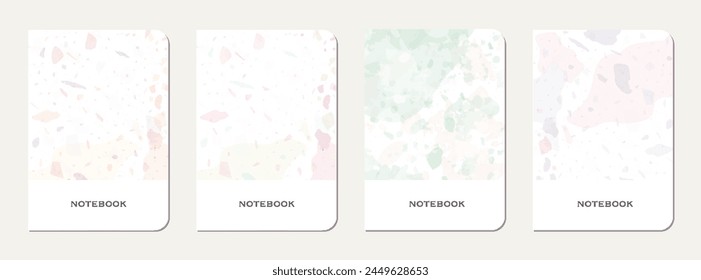 Diseño de la cubierta del cuaderno. Fondo abstracto de terrazo hecho de piedras naturales, granito, cuarzo y mármol. Plantilla de cubierta de cuaderno con textura de terrazo veneciano.