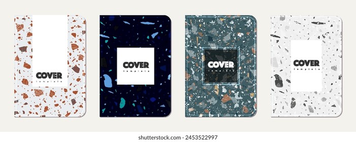 Notebook cover design. Terrazzo abstract background made of natural stones, granite, quartz and marble. Venetian terrazzo texture notebook cover template.