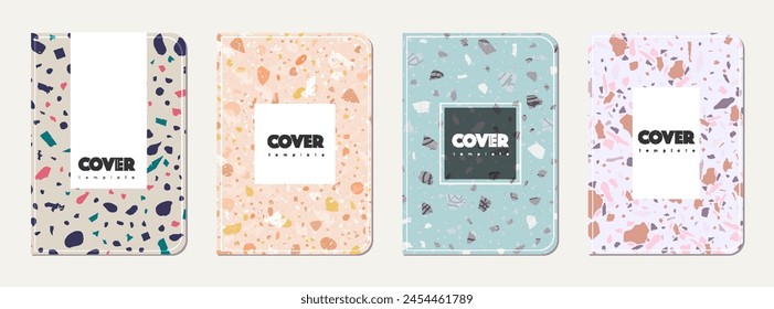Notebook cover design. Terrazzo abstract background made of natural stones, granite, quartz and marble. Venetian terrazzo texture notebook cover template.