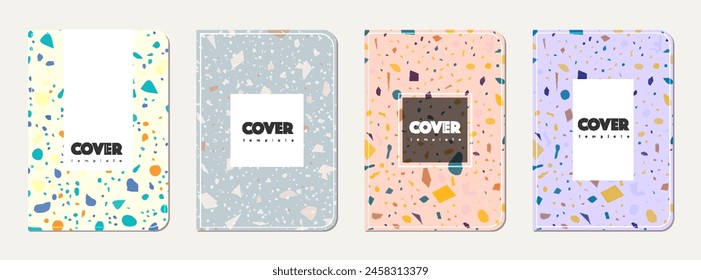 Notebook cover design. Terrazzo abstract background made of natural stones, granite, quartz and marble. Venetian terrazzo texture notebook cover template.