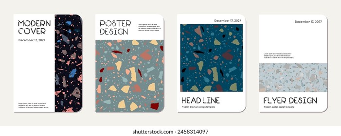 Notebook cover design. Terrazzo abstract background made of natural stones, granite, quartz and marble. Venetian terrazzo texture notebook cover template.