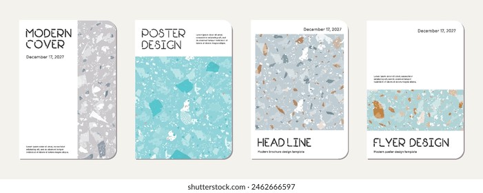 Notebook cover design. Terrazzo abstract background made of natural stones, granite, quartz and marble. Venetian terrazzo texture notebook cover template.