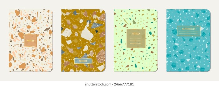 Notebook cover design. Terrazzo abstract background made of natural stones, granite, quartz and marble. Venetian terrazzo texture notebook cover template.