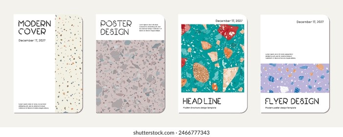 Notebook cover design. Terrazzo abstract background made of natural stones, granite, quartz and marble. Venetian terrazzo texture notebook cover template.