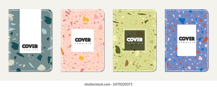 Notebook cover design. Terrazzo abstract background made of natural stones, granite, quartz and marble. Venetian terrazzo texture notebook cover template.