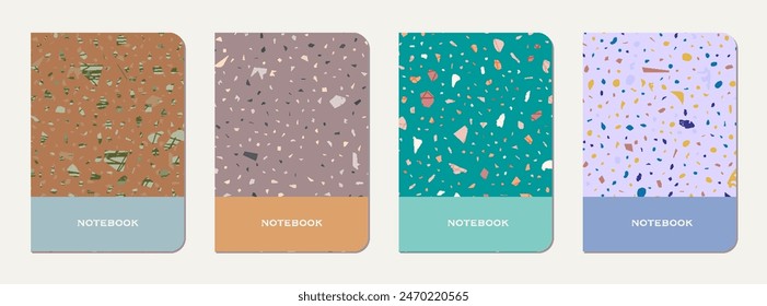 Notebook cover design. Terrazzo abstract background made of natural stones, granite, quartz and marble. Venetian terrazzo texture notebook cover template.