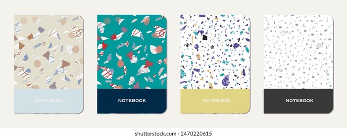 Notebook cover design. Terrazzo abstract background made of natural stones, granite, quartz and marble. Venetian terrazzo texture notebook cover template.