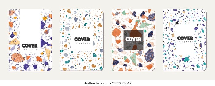 Notebook cover design. Terrazzo abstract background made of natural stones, granite, quartz and marble. Venetian terrazzo texture notebook cover template.