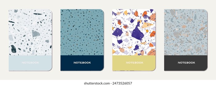Notebook cover design. Terrazzo abstract background made of natural stones, granite, quartz and marble. Venetian terrazzo texture notebook cover template.