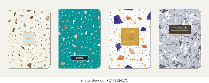 Notebook cover design. Terrazzo abstract background made of natural stones, granite, quartz and marble. Venetian terrazzo texture notebook cover template.