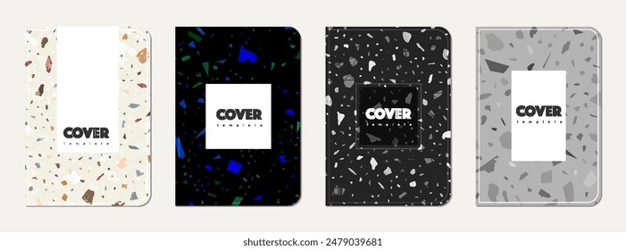 Notebook cover design. Terrazzo abstract background made of natural stones, granite, quartz and marble. Venetian terrazzo texture notebook cover template.