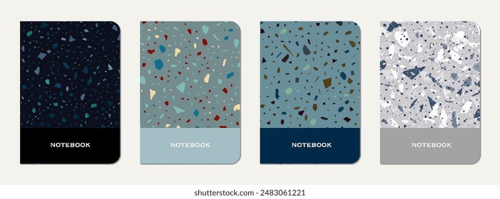 Notebook cover design. Terrazzo abstract background made of natural stones, granite, quartz and marble. Venetian terrazzo texture notebook cover template.