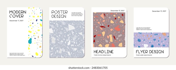 Notebook cover design. Terrazzo abstract background made of natural stones, granite, quartz and marble. Venetian terrazzo texture notebook cover template.