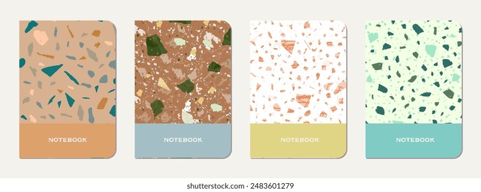 Notebook cover design. Terrazzo abstract background made of natural stones, granite, quartz and marble. Venetian terrazzo texture notebook cover template.