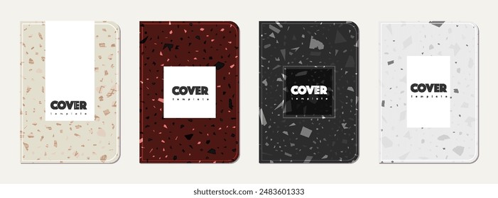 Notebook cover design. Terrazzo abstract background made of natural stones, granite, quartz and marble. Venetian terrazzo texture notebook cover template.