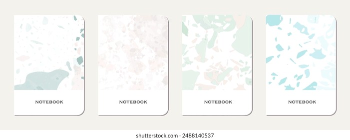 Notebook cover design. Terrazzo abstract background made of natural stones, granite, quartz and marble. Venetian terrazzo texture notebook cover template.