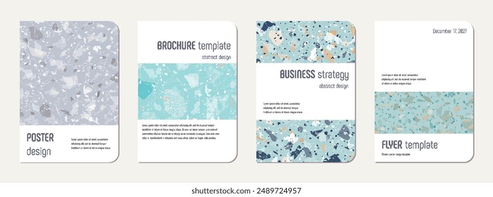 Notebook cover design. Terrazzo abstract background made of natural stones, granite, quartz and marble. Venetian terrazzo texture notebook cover template.