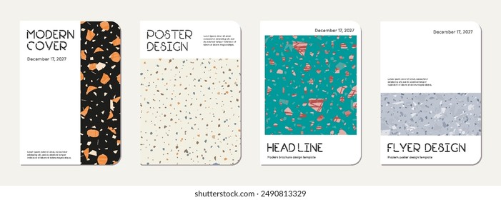Notebook cover design. Terrazzo abstract background made of natural stones, granite, quartz and marble. Venetian terrazzo texture notebook cover template.