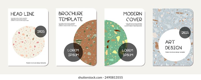 Notebook cover design. Terrazzo abstract background made of natural stones, granite, quartz and marble. Venetian terrazzo texture notebook cover template.