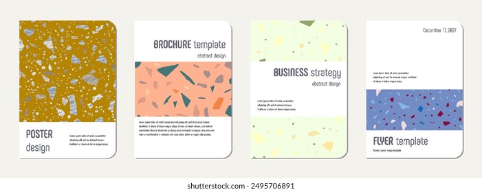 Notebook cover design. Terrazzo abstract background made of natural stones, granite, quartz and marble. Venetian terrazzo texture notebook cover template.