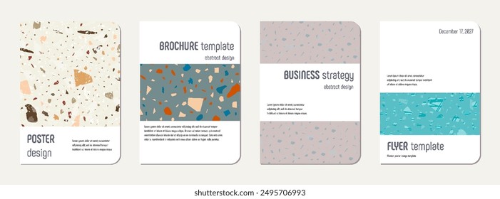 Notebook cover design. Terrazzo abstract background made of natural stones, granite, quartz and marble. Venetian terrazzo texture notebook cover template.