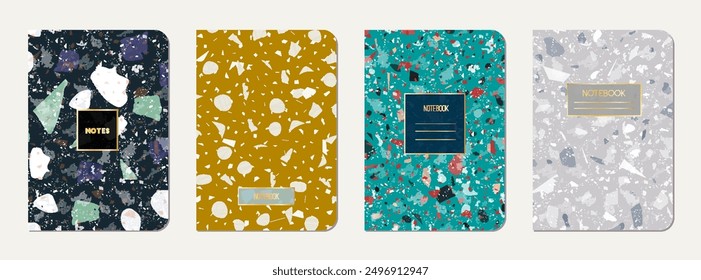 Notebook cover design. Terrazzo abstract background made of natural stones, granite, quartz and marble. Venetian terrazzo texture notebook cover template.