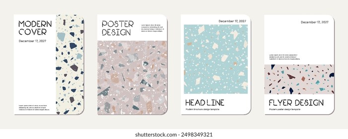 Notebook cover design. Terrazzo abstract background made of natural stones, granite, quartz and marble. Venetian terrazzo texture notebook cover template.