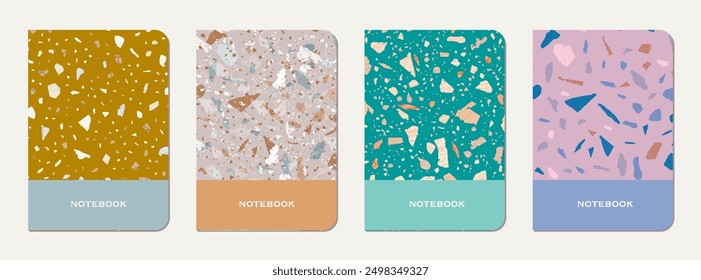 Notebook cover design. Terrazzo abstract background made of natural stones, granite, quartz and marble. Venetian terrazzo texture notebook cover template.