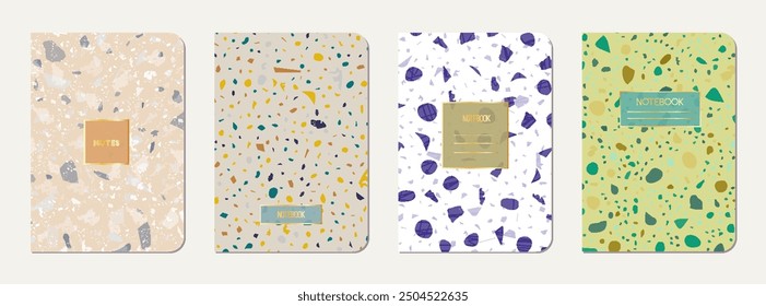Notebook cover design. Terrazzo abstract background made of natural stones, granite, quartz and marble. Venetian terrazzo texture notebook cover template.