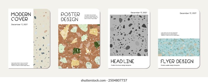 Notebook cover design. Terrazzo abstract background made of natural stones, granite, quartz and marble. Venetian terrazzo texture notebook cover template.