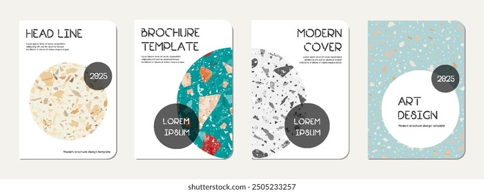 Notebook-Abdeckungsdesign. Abstrakter Terrazzo-Hintergrund aus Natursteinen, Granit, Quarz und Marmor. Venezianische Terrazzo Textur Notebook Cover-Vorlage.