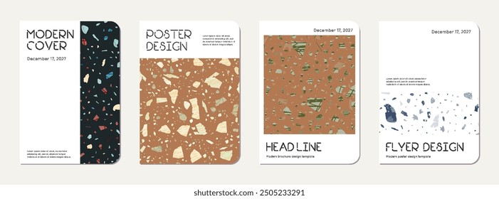 Notebook cover design. Terrazzo abstract background made of natural stones, granite, quartz and marble. Venetian terrazzo texture notebook cover template.